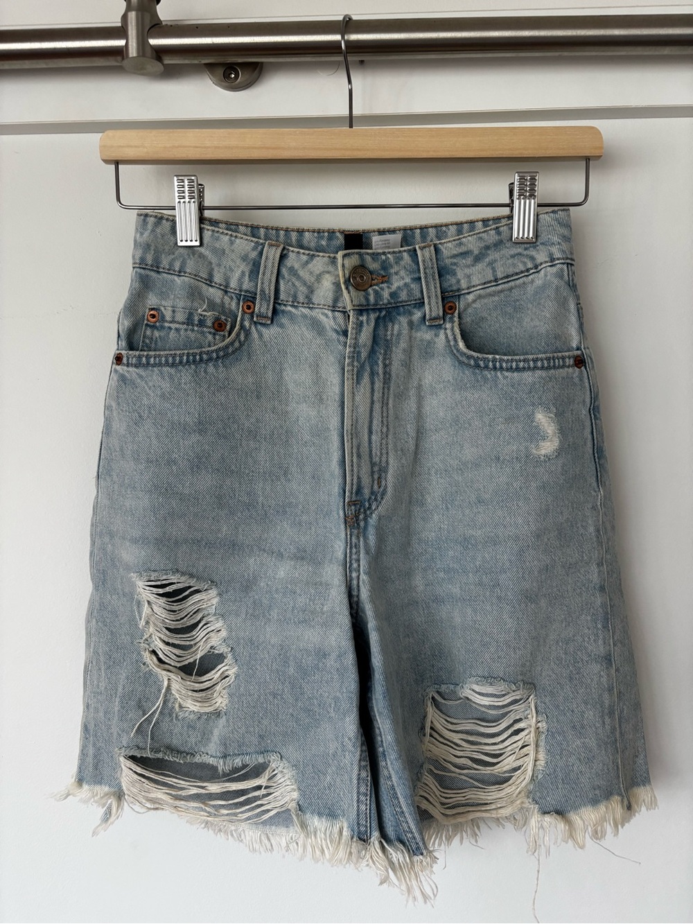H&M High-Waist Distressed Light Wash Denim Shorts